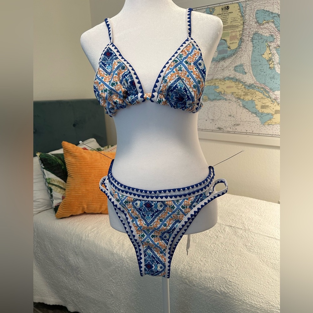 Blue and Orange Bikini with Decorative Trim
